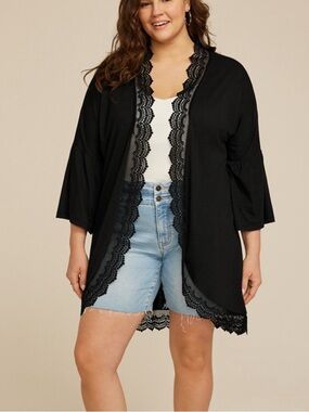 Maurices Black Crochet Trim Curved Hem Kimono size Large